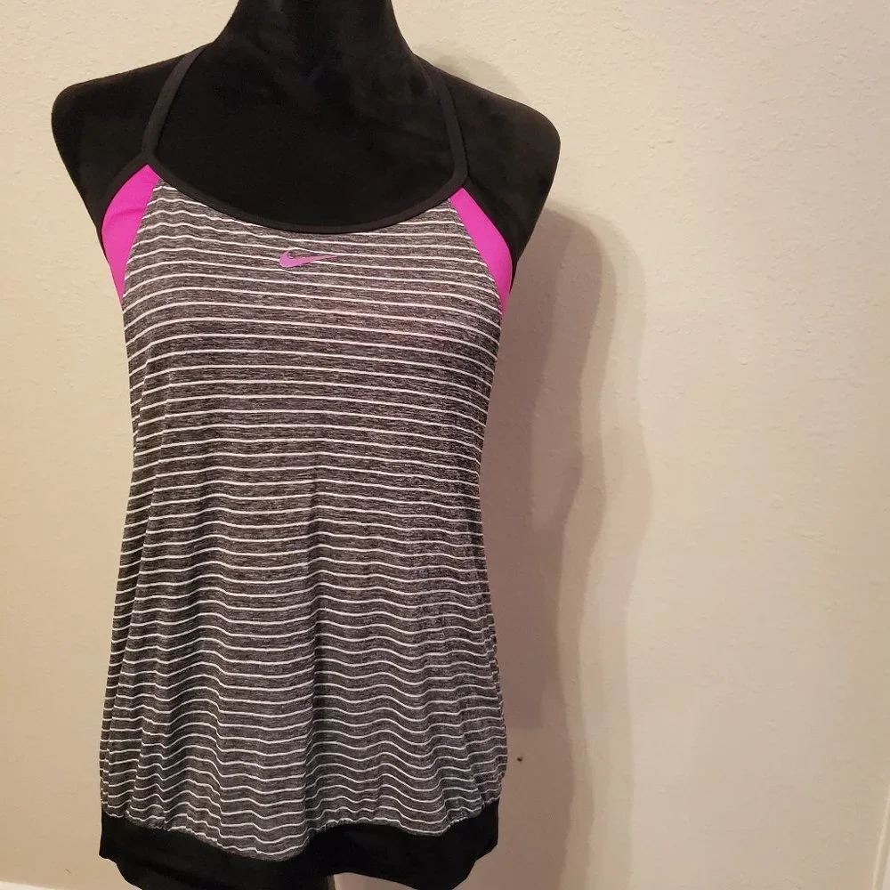 Nike black stripped tank top drape swimsuit top pullover round neck, size large